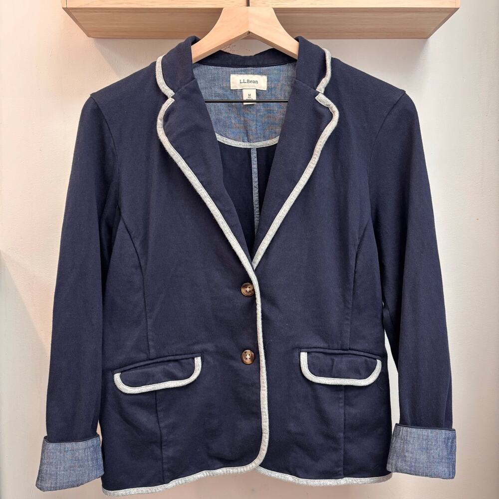 L.L.Bean Navy Knit Blazer with Contrast Piped Trim- Size M- Preppy / Coastal